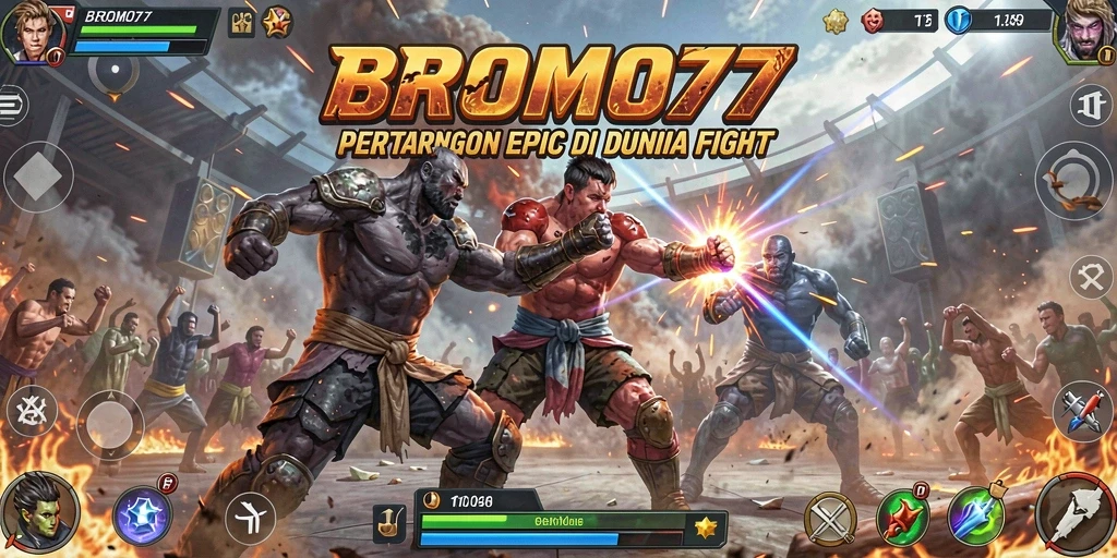 Tampilan pertarungan seru di BROMO77 dengan karakter beraksi.
