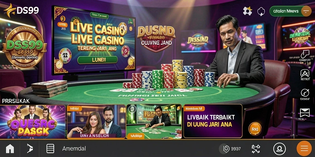 Tampilan screenshot utama DS99 menampilkan dealer profesional dan permainan Live Casino.