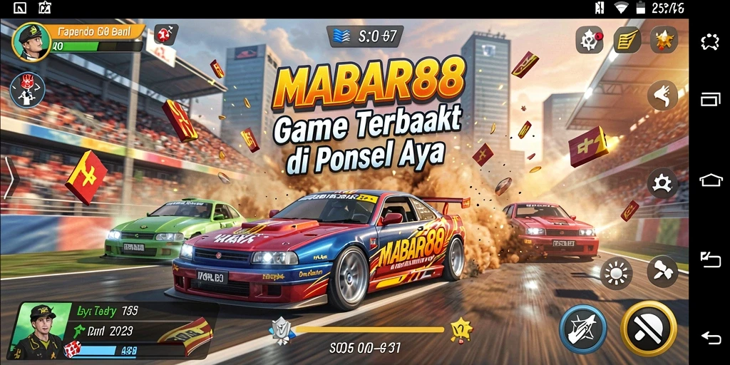 Screenshot gameplay MABAR88 menampilkan mobil balap sedang melaju kencang.